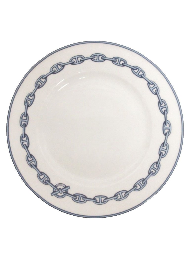 Hermes Chaine D'ancre Plate Logo Print White Blue Tableware